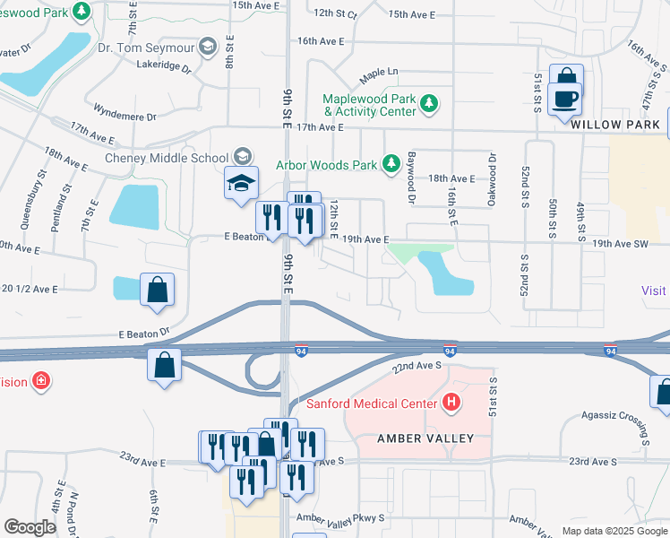 map of restaurants, bars, coffee shops, grocery stores, and more near 1305 Queens Way in West Fargo