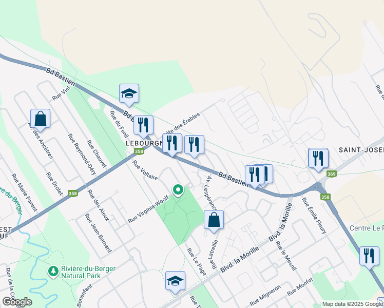 map of restaurants, bars, coffee shops, grocery stores, and more near 8664 Rue de la Bonne Entente in Ville de Québec