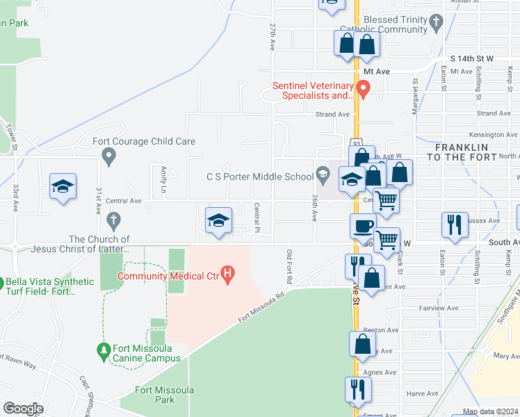 map of restaurants, bars, coffee shops, grocery stores, and more near 2205 Central Place in Missoula