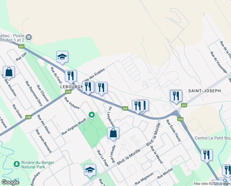 map of restaurants, bars, coffee shops, grocery stores, and more near 8560 Rue de la Bonne Entente in Ville de Québec