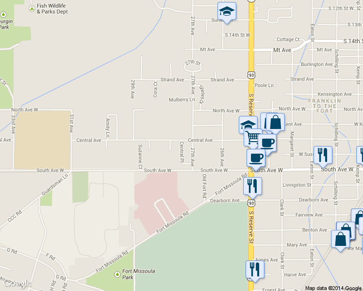 map of restaurants, bars, coffee shops, grocery stores, and more near 2216 Central Place in Missoula