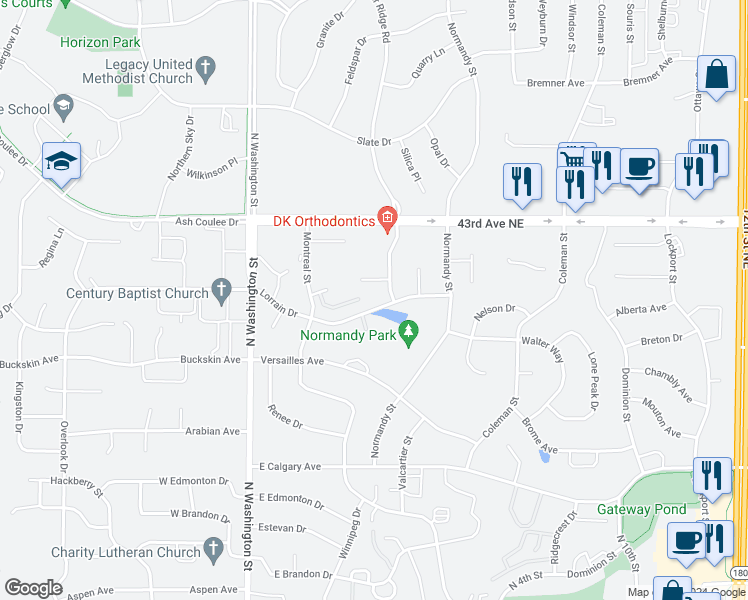 map of restaurants, bars, coffee shops, grocery stores, and more near 336 Lorrain Drive in Bismarck