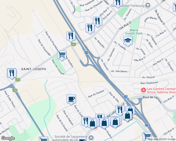 map of restaurants, bars, coffee shops, grocery stores, and more near 375 Rue Mathieu-Da Costa in Québec