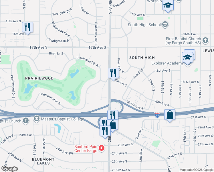 map of restaurants, bars, coffee shops, grocery stores, and more near 57 Prairiewood Dr S in Fargo