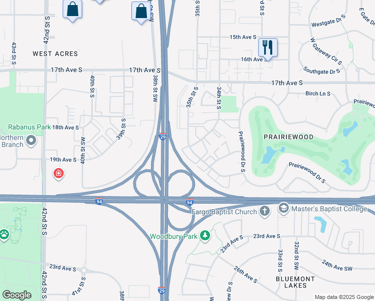 map of restaurants, bars, coffee shops, grocery stores, and more near 1849 34th Street South in Fargo