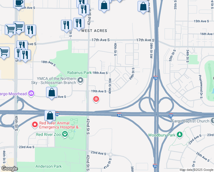 map of restaurants, bars, coffee shops, grocery stores, and more near 4022 18th Avenue South in Fargo