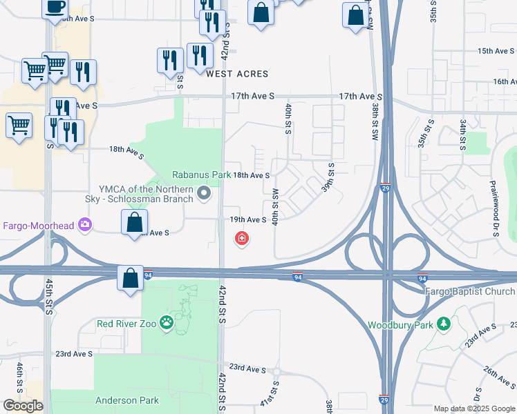 map of restaurants, bars, coffee shops, grocery stores, and more near 4022 18th Avenue South in Fargo