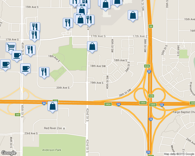 map of restaurants, bars, coffee shops, grocery stores, and more near 4022 18th Avenue South in Fargo