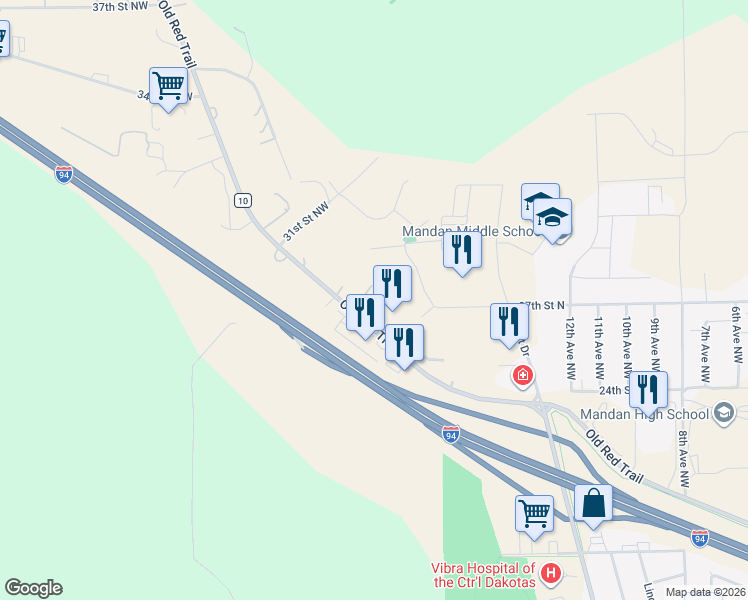 map of restaurants, bars, coffee shops, grocery stores, and more near 3101 Viewpoint Lane Northwest in Mandan