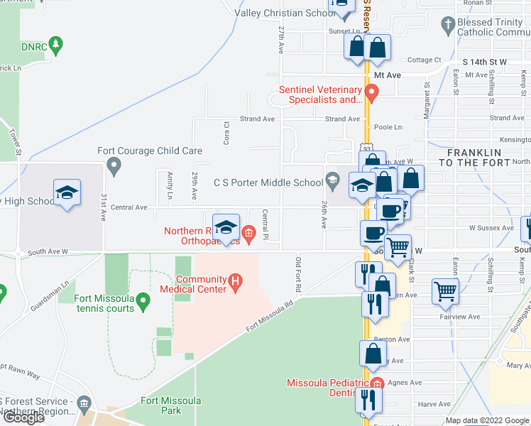 map of restaurants, bars, coffee shops, grocery stores, and more near 2213 Central Place in Orchard Homes