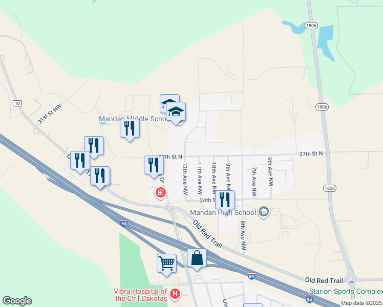 map of restaurants, bars, coffee shops, grocery stores, and more near 1208 27th Street Northwest in Mandan