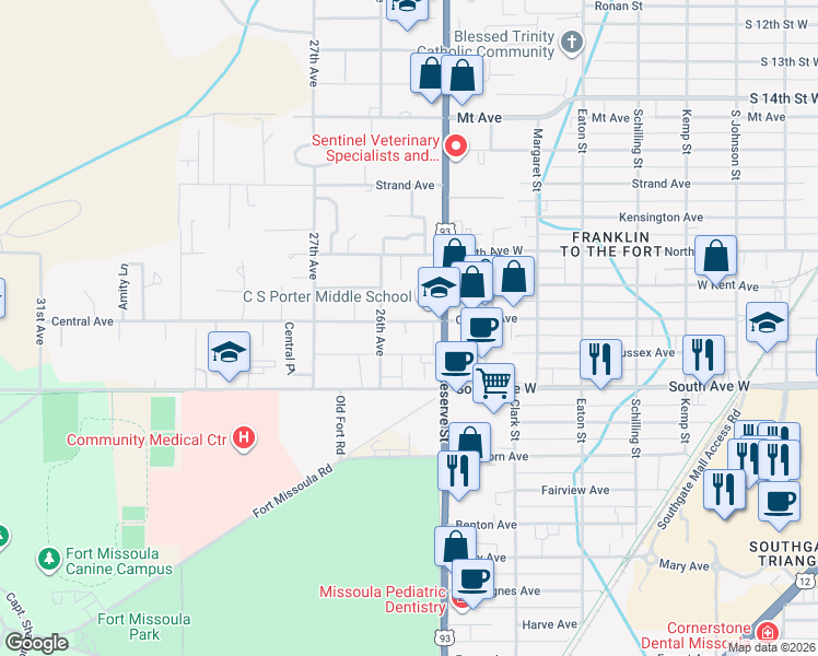 map of restaurants, bars, coffee shops, grocery stores, and more near 2521 West Central Avenue in Missoula