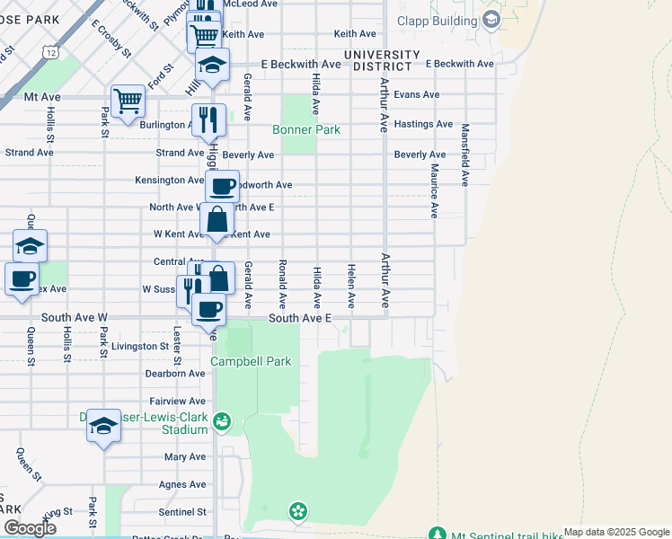 map of restaurants, bars, coffee shops, grocery stores, and more near 430 East Central Avenue in Missoula