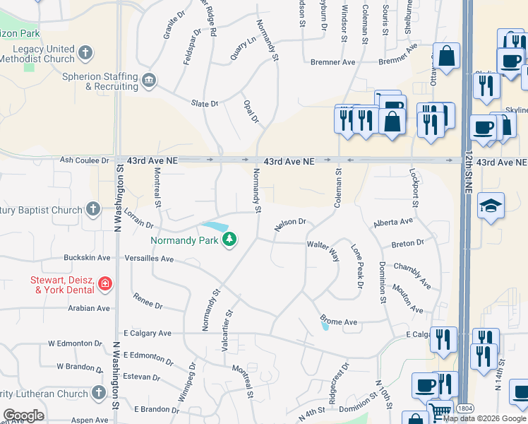 map of restaurants, bars, coffee shops, grocery stores, and more near 4031 Normandy Street in Bismarck