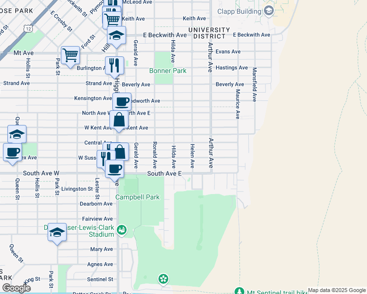 map of restaurants, bars, coffee shops, grocery stores, and more near 430 East Central Avenue in Missoula
