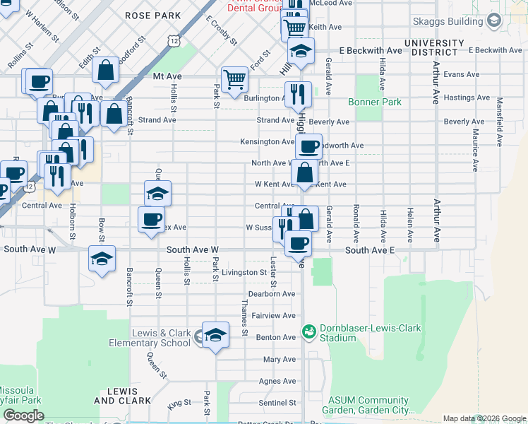 map of restaurants, bars, coffee shops, grocery stores, and more near 216 West Central Avenue in Missoula