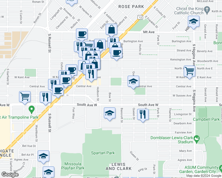 map of restaurants, bars, coffee shops, grocery stores, and more near 2100 Bow Street in Missoula