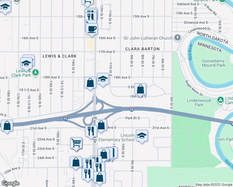 map of restaurants, bars, coffee shops, grocery stores, and more near 918 South Drive South in Fargo