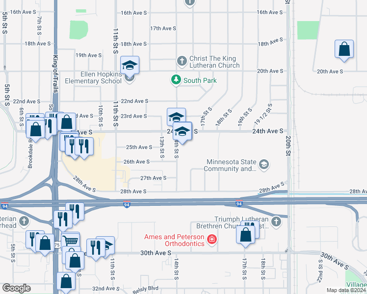 map of restaurants, bars, coffee shops, grocery stores, and more near 2410 14th Street South in Moorhead