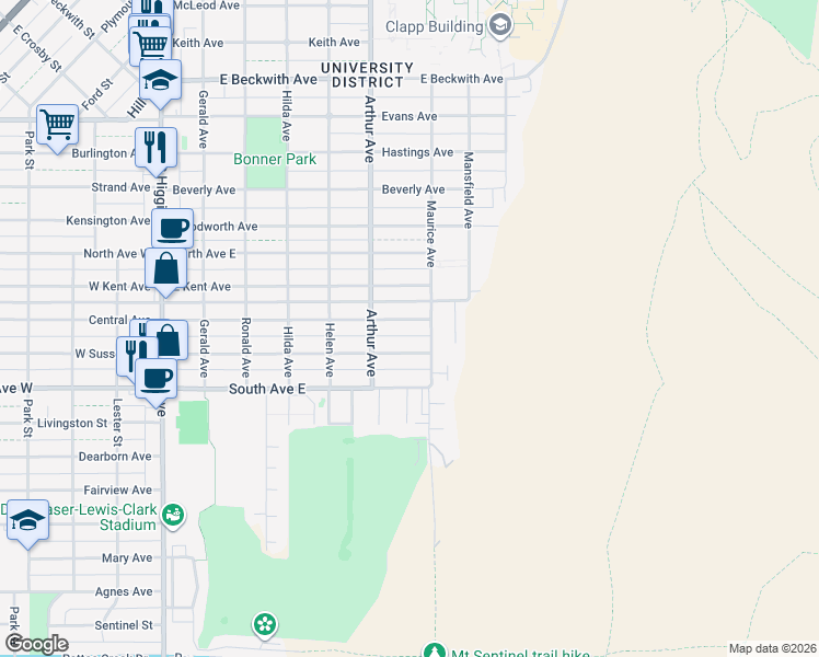 map of restaurants, bars, coffee shops, grocery stores, and more near 645 East Central Avenue in Missoula