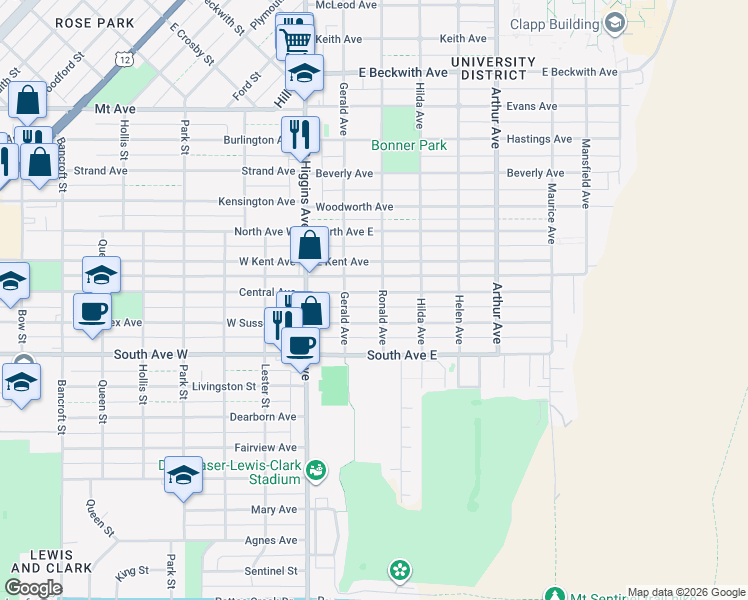 map of restaurants, bars, coffee shops, grocery stores, and more near 237 East Central Avenue in Missoula