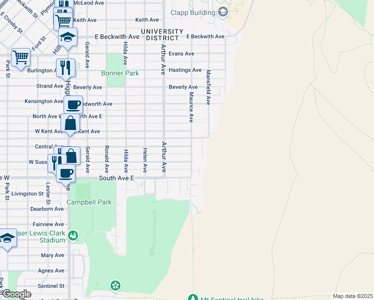 map of restaurants, bars, coffee shops, grocery stores, and more near 675 East Central Avenue in Missoula