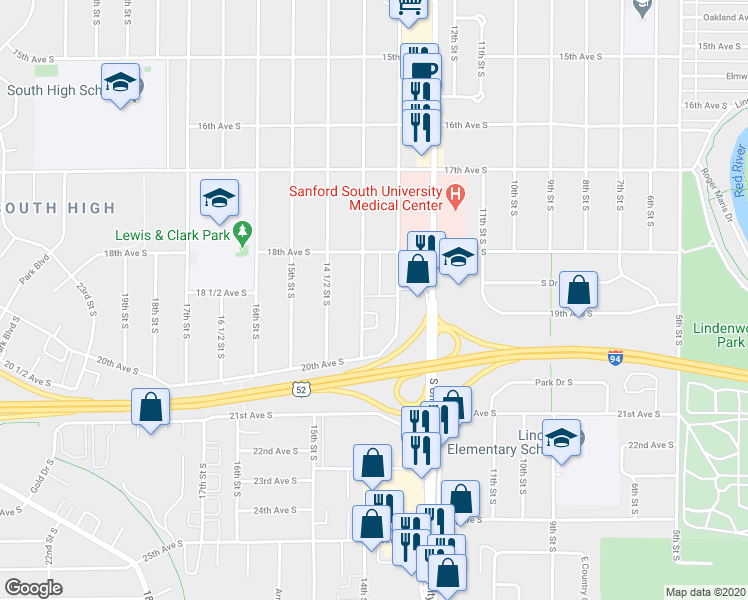 map of restaurants, bars, coffee shops, grocery stores, and more near 1822 14th Street South in Fargo