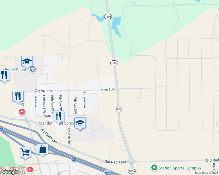 map of restaurants, bars, coffee shops, grocery stores, and more near 310 27th Street North in Mandan