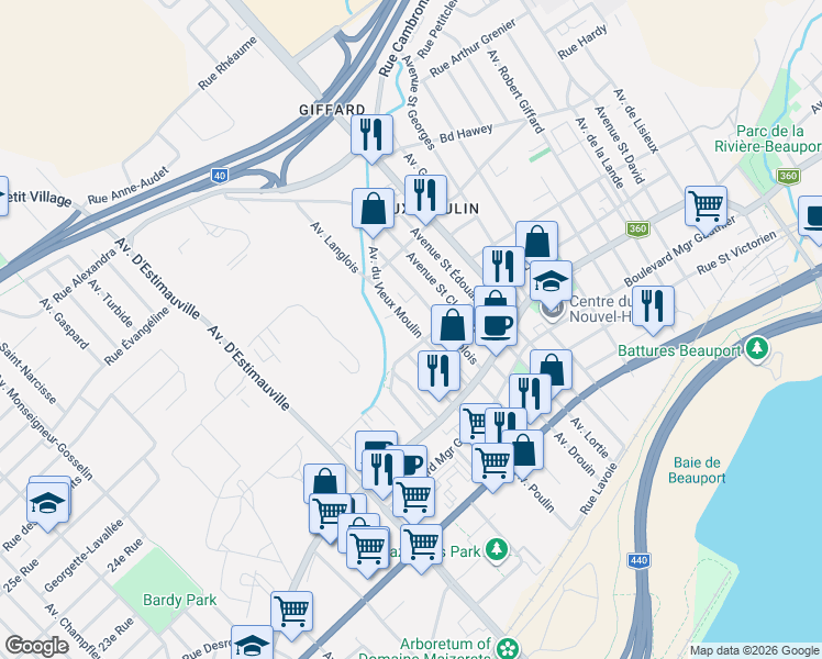 map of restaurants, bars, coffee shops, grocery stores, and more near 2229 Avenue du Vieux Moulin in Québec