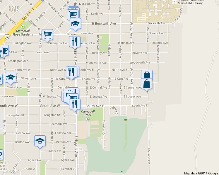 map of restaurants, bars, coffee shops, grocery stores, and more near 2199 Hilda Avenue in Missoula