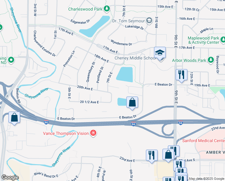 map of restaurants, bars, coffee shops, grocery stores, and more near 713 Augusta Place in West Fargo