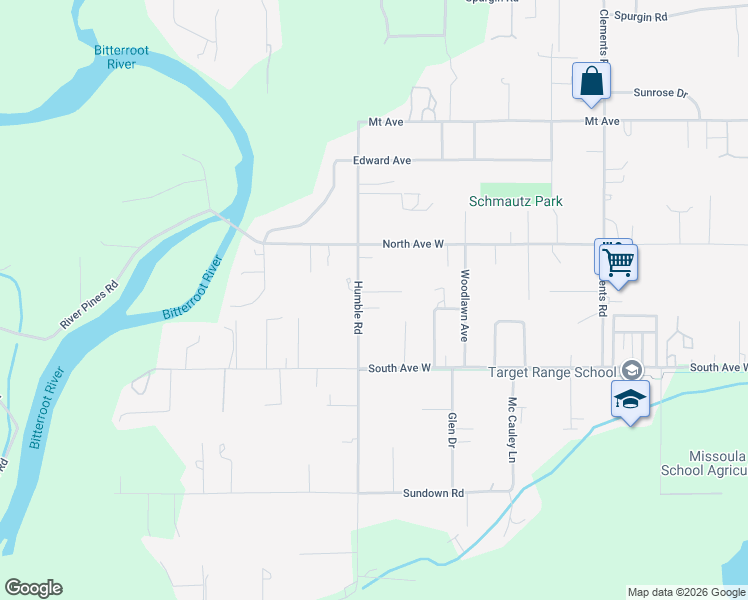 map of restaurants, bars, coffee shops, grocery stores, and more near 2112 Humble Rd in Missoula