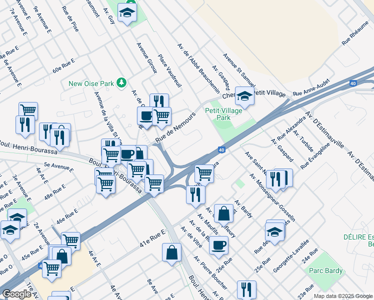 map of restaurants, bars, coffee shops, grocery stores, and more near 4490 Monelier Road in Québec City