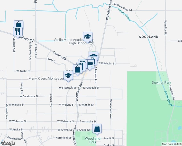 map of restaurants, bars, coffee shops, grocery stores, and more near 4024 Woodland Avenue in Duluth