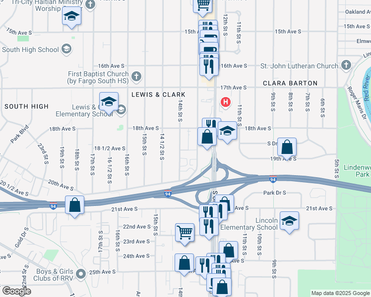 map of restaurants, bars, coffee shops, grocery stores, and more near 1822 14th Street South in Fargo