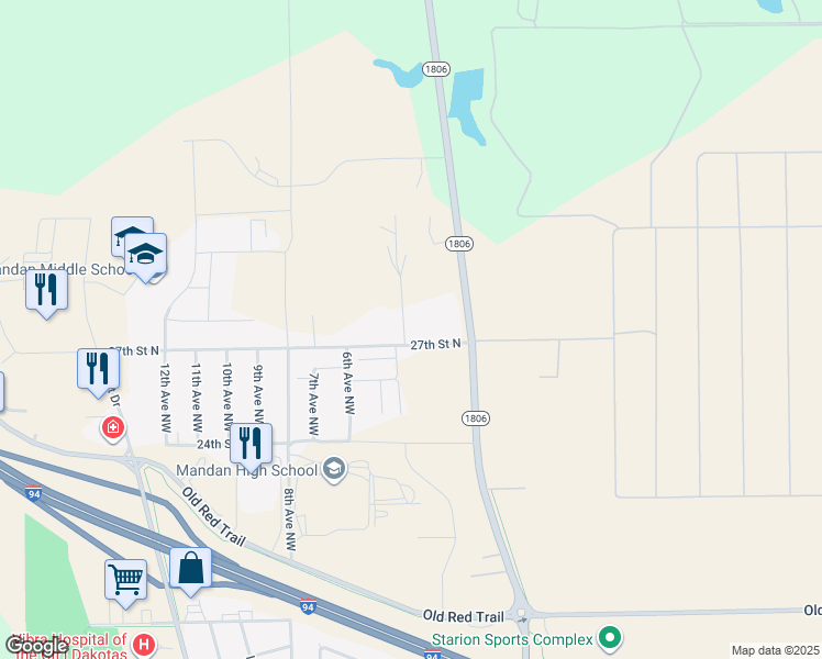map of restaurants, bars, coffee shops, grocery stores, and more near 6th Avenue North in Mandan
