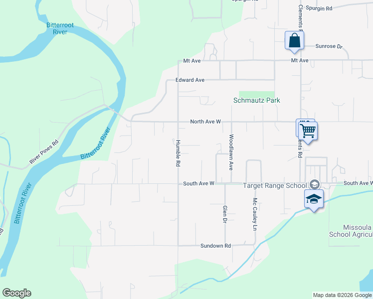 map of restaurants, bars, coffee shops, grocery stores, and more near 2112 Humble Rd in Missoula