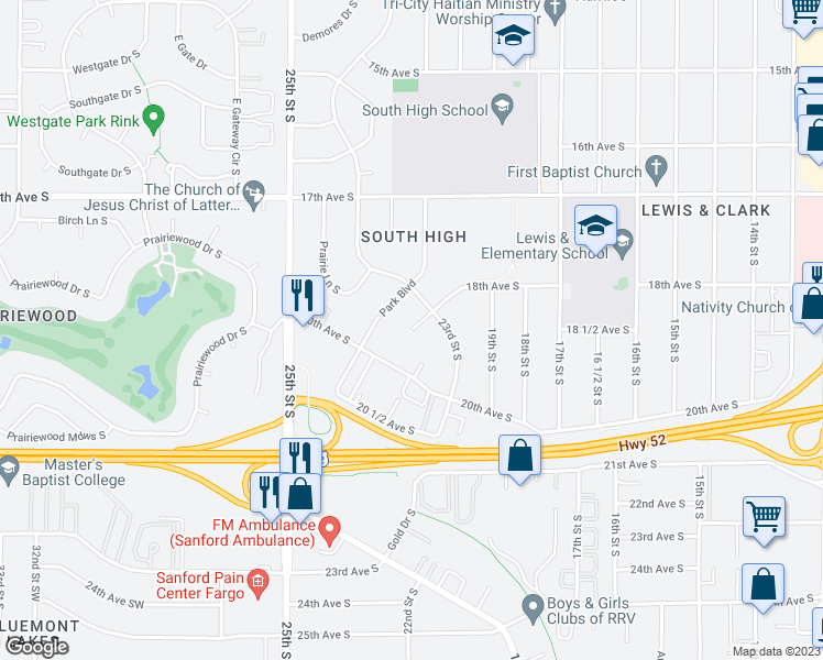 map of restaurants, bars, coffee shops, grocery stores, and more near 4011 18th Avenue South in Fargo