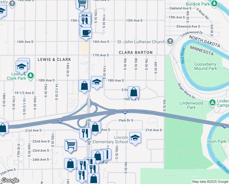 map of restaurants, bars, coffee shops, grocery stores, and more near 918 South Drive South in Fargo