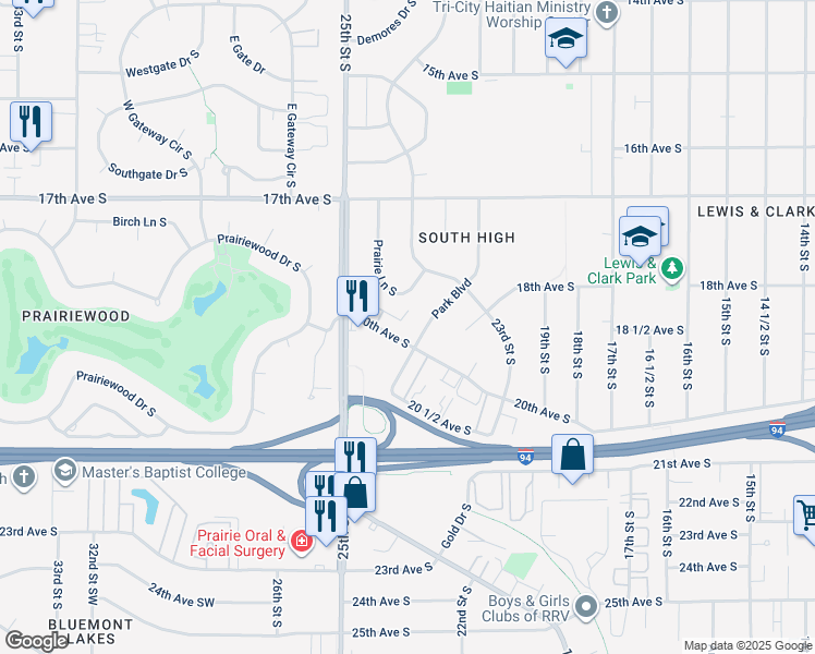 map of restaurants, bars, coffee shops, grocery stores, and more near 2421 20th Avenue South in Fargo