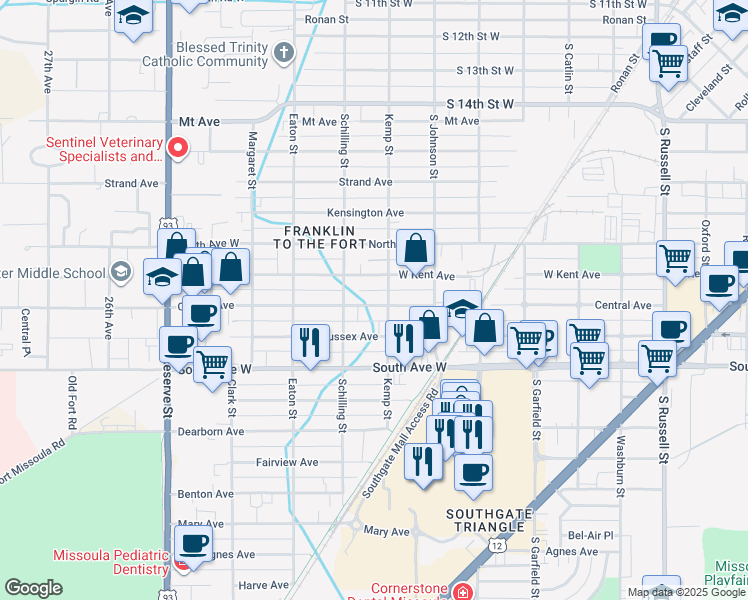 map of restaurants, bars, coffee shops, grocery stores, and more near 2112 West Central Avenue in Missoula