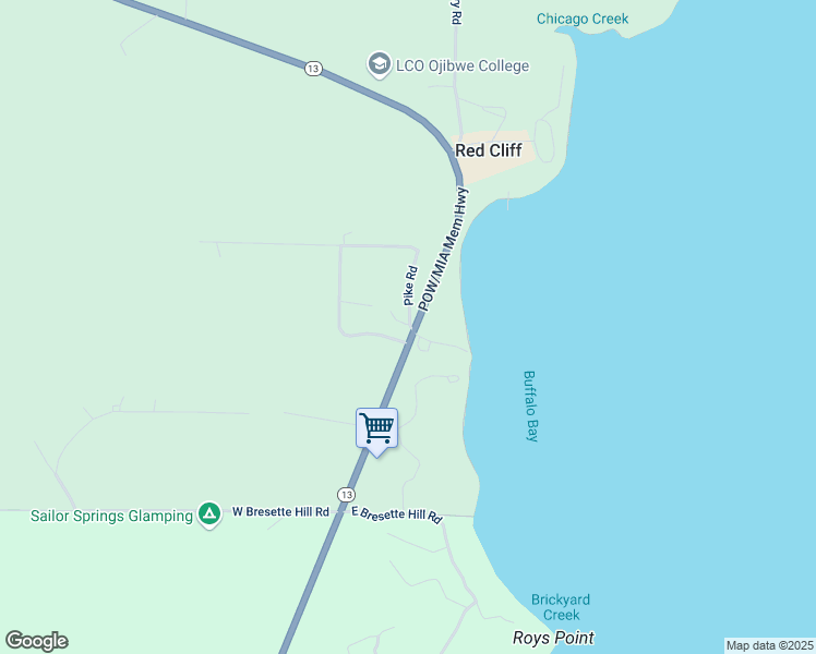 map of restaurants, bars, coffee shops, grocery stores, and more near 88365 Pike Road in Bayfield