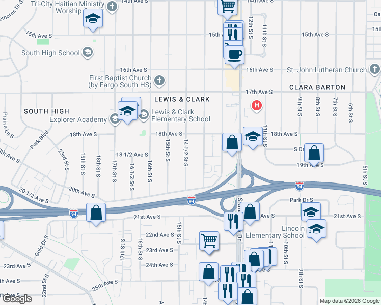 map of restaurants, bars, coffee shops, grocery stores, and more near 1822 14 1/2 Street South in Fargo