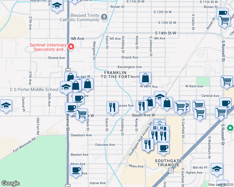 map of restaurants, bars, coffee shops, grocery stores, and more near 2224 West Central Avenue in Missoula