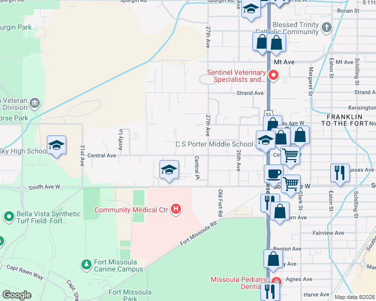 map of restaurants, bars, coffee shops, grocery stores, and more near 2744 Central Avenue in Missoula