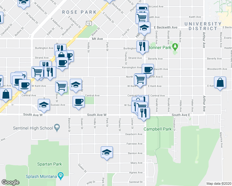 map of restaurants, bars, coffee shops, grocery stores, and more near 316 West Central Avenue in Missoula