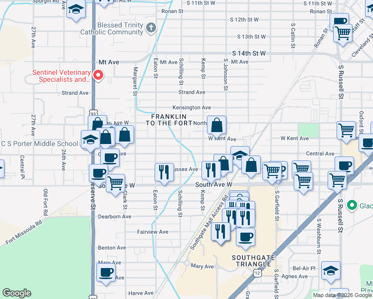 map of restaurants, bars, coffee shops, grocery stores, and more near 2126 W Central Ave in Missoula