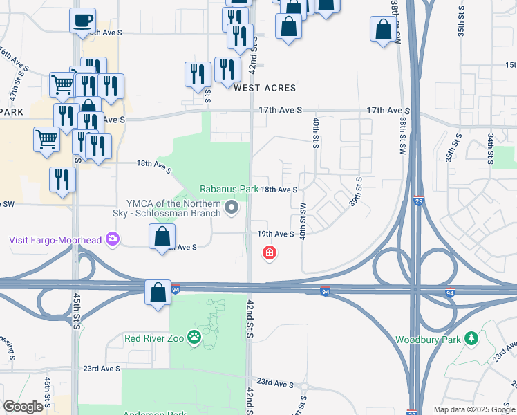 map of restaurants, bars, coffee shops, grocery stores, and more near 1830 42nd Street South in Fargo
