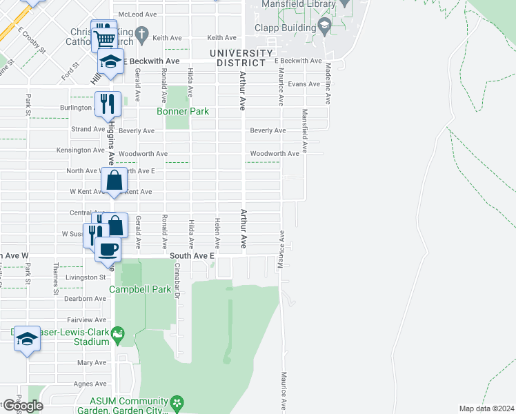 map of restaurants, bars, coffee shops, grocery stores, and more near 610 East Central Avenue in Missoula