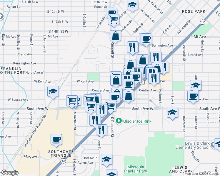 map of restaurants, bars, coffee shops, grocery stores, and more near 2307 Brooks Street in Missoula